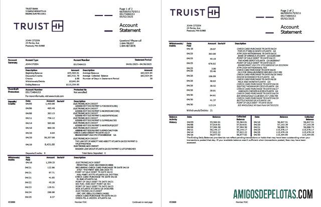 Extrato de conta bancária realista dos EUA Truist, modelo Word e PDF, 2 páginas